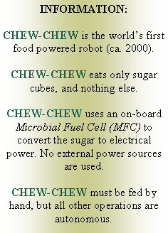 Text Box: INFORMATION:CHEW-CHEW is the world’s first food powered robot (ca. 2000).CHEW-CHEW eats only sugar cubes, and nothing else.CHEW-CHEW uses an on-board Microbial Fuel Cell (MFC) to convert the sugar to electrical power. No external power sources are used.CHEW-CHEW must be fed by hand, but all other operations are autonomous.