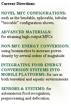 Text Box: Current Directions:NOVEL MFC CONFIGURATIONS: such as the bendable, spliceable, tubular biocable configuration shown.ADVANCED MATERIALS:for attaining high-output MFCsNON-MFC ENERGY CONVERSION: using biomimetics to increase power-density by several orders of magnitudeINTEGRATING FOOD ENERGY CONVERSION SYSTEMS INTO MOBILE PLATFORMS: for use in both terrestrial and aquatic environments.SENSORS & SYSTEMS: for autonomous food recognition, preprocessing and defecation.
